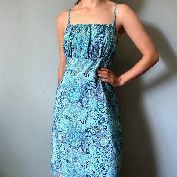 Vintage 90s Blue Dress, 1990s Blue Paisley Slip Dress - Picture 3 of 7